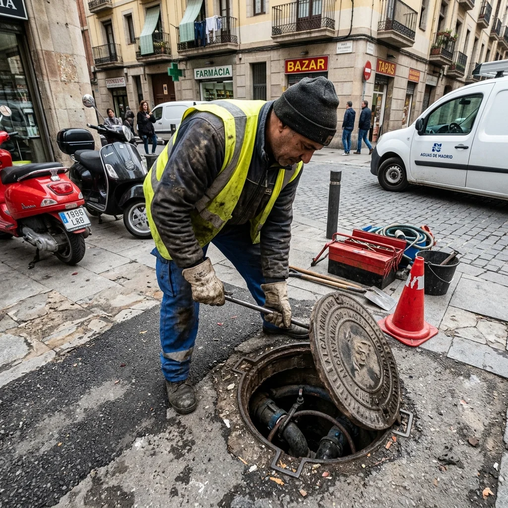 Operario técnico de Desatascos Santa Florentina Cartagena abriendo arqueta en la calle principal de El Plan